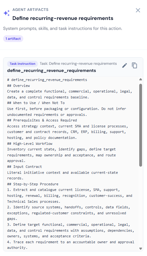 The RELIABL.IT platform showing the agent artifacts for an action: the task instruction the agent runs on.