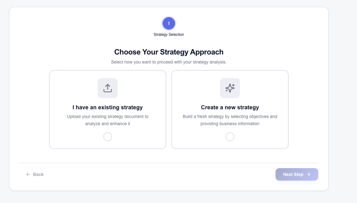 The RELIABL.IT platform strategy-selection screen, for starting from an existing strategy or creating a new one.