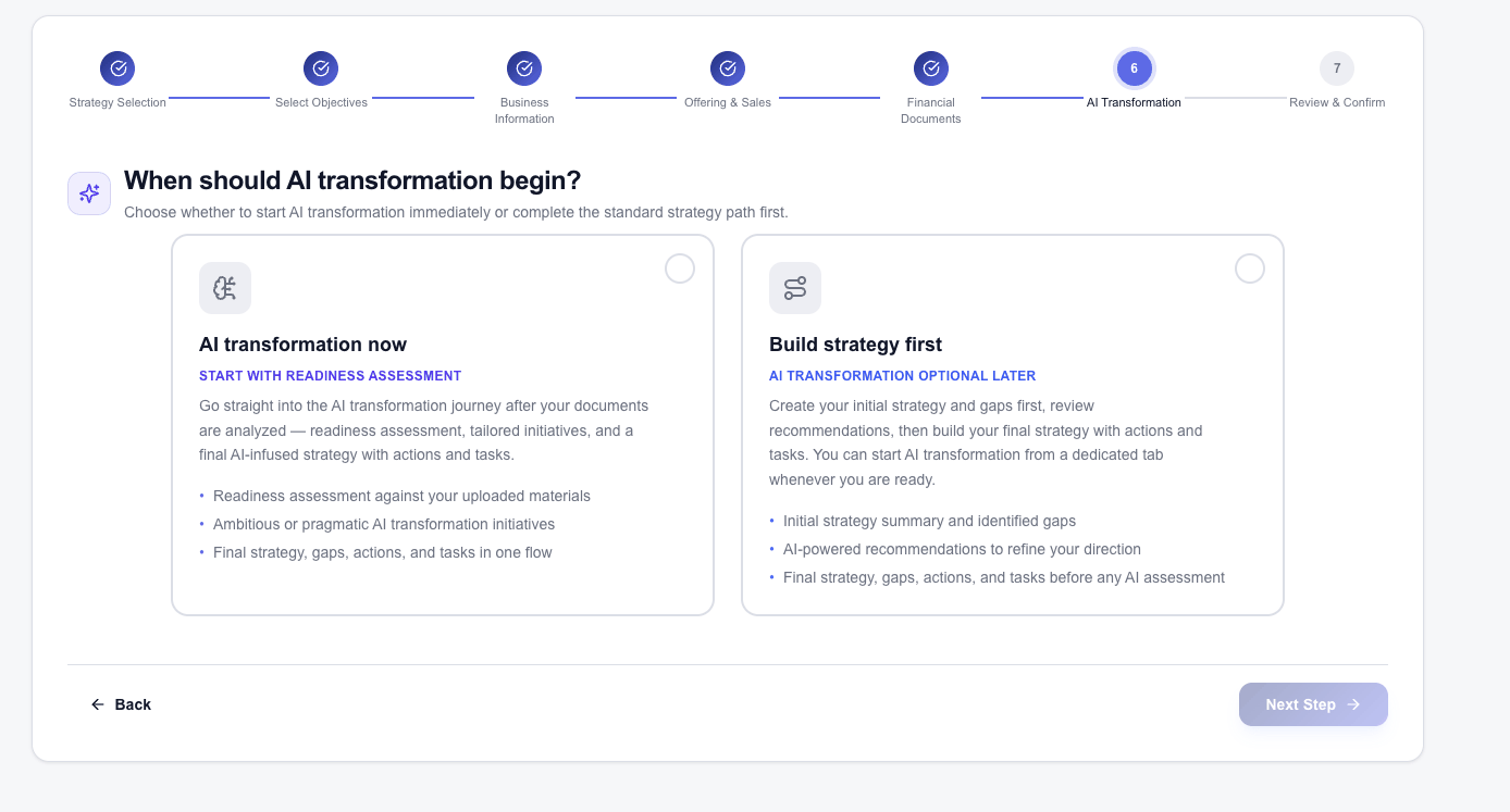 The RELIABL.IT platform screen for choosing when AI transformation should begin.