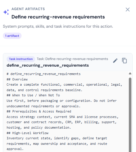 The RELIABL.IT platform showing the agent artifacts for an action: the task instruction the agent runs on.